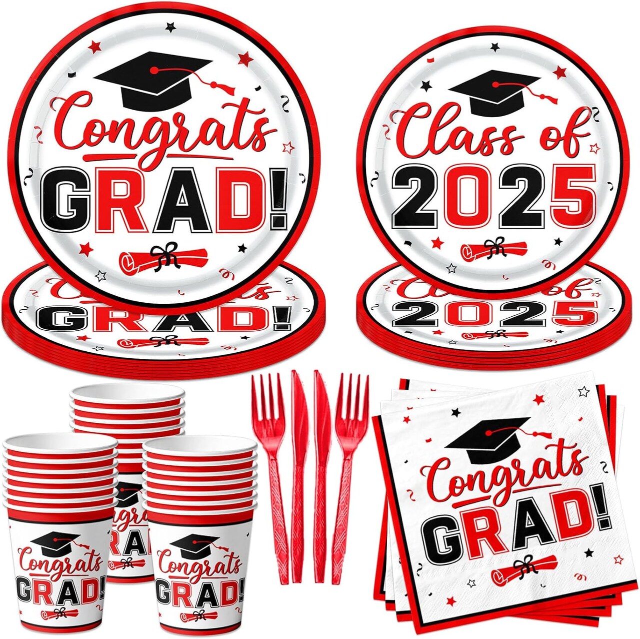 Red and Black Graduation Decorations Dinnerware Set, Class of 2025 Graduation Plates and Napkins, Graduation Plates and Cups and Napkins Set for Congrats Grad Party Decorations